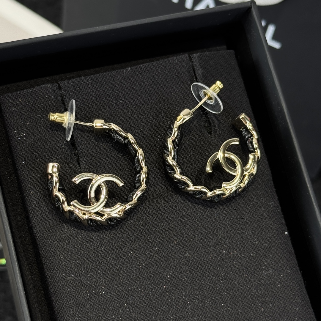 Chanel C1 Double C Half Round Black Leather Rope Earrings