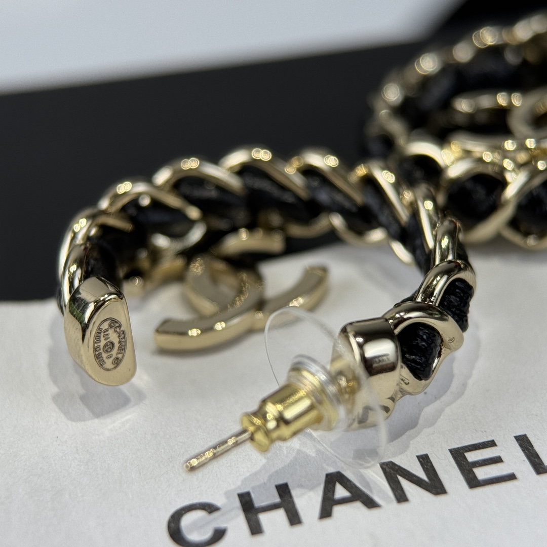 Chanel C1 Double C Half Round Black Leather Rope Earrings - Image 6