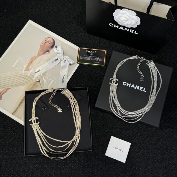 Chanel Silver Gold Double C Multi Layer Snake Bone Chain Necklace - Image 2