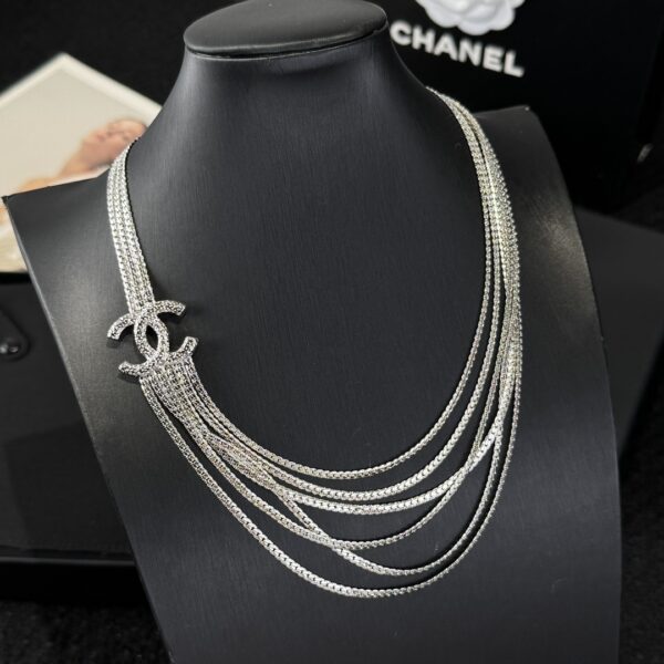 Chanel Silver Gold Double C Multi Layer Snake Bone Chain Necklace - Image 3
