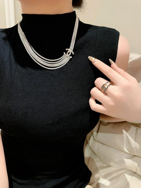 Chanel Silver Gold Double C Multi Layer Snake Bone Chain Necklace - Image 5