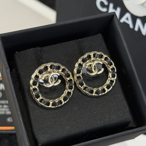 Chanel C1 Double C Round Black Leather Rope Earrings