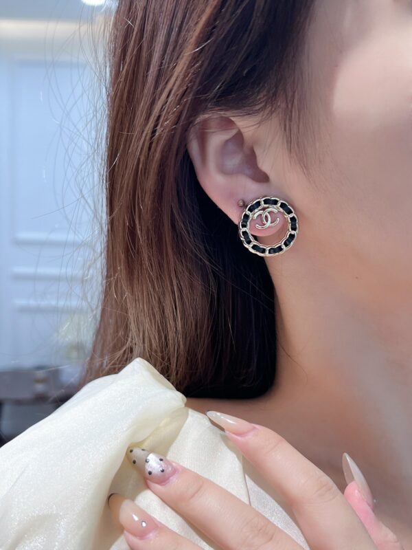 Chanel C1 Double C Round Black Leather Rope Earrings - Image 3