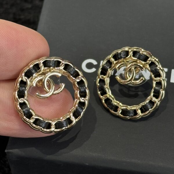 Chanel C1 Double C Round Black Leather Rope Earrings - Image 4