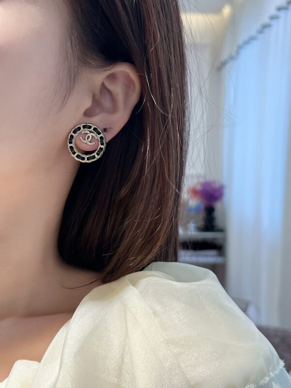 Chanel C1 Double C Round Black Leather Rope Earrings - Image 5