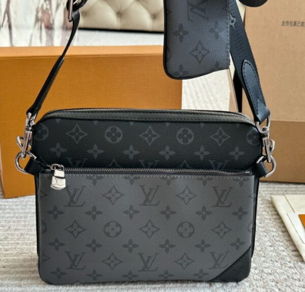 Louis Vuitton 2024 new LV men's bag, black floral Trio mailman bag, single shoulder crossbody flip bag